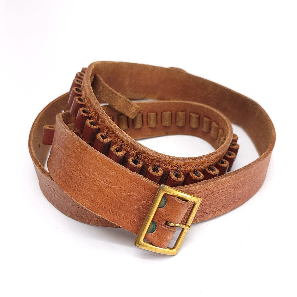 Vintage Brown Tooled Leather Cartridge Belt Western Brass Buckle Large